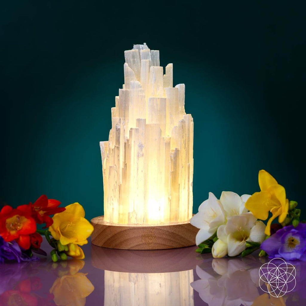 Picture of a Selenite Lamp  on a shiny surface with some colorful flowers.