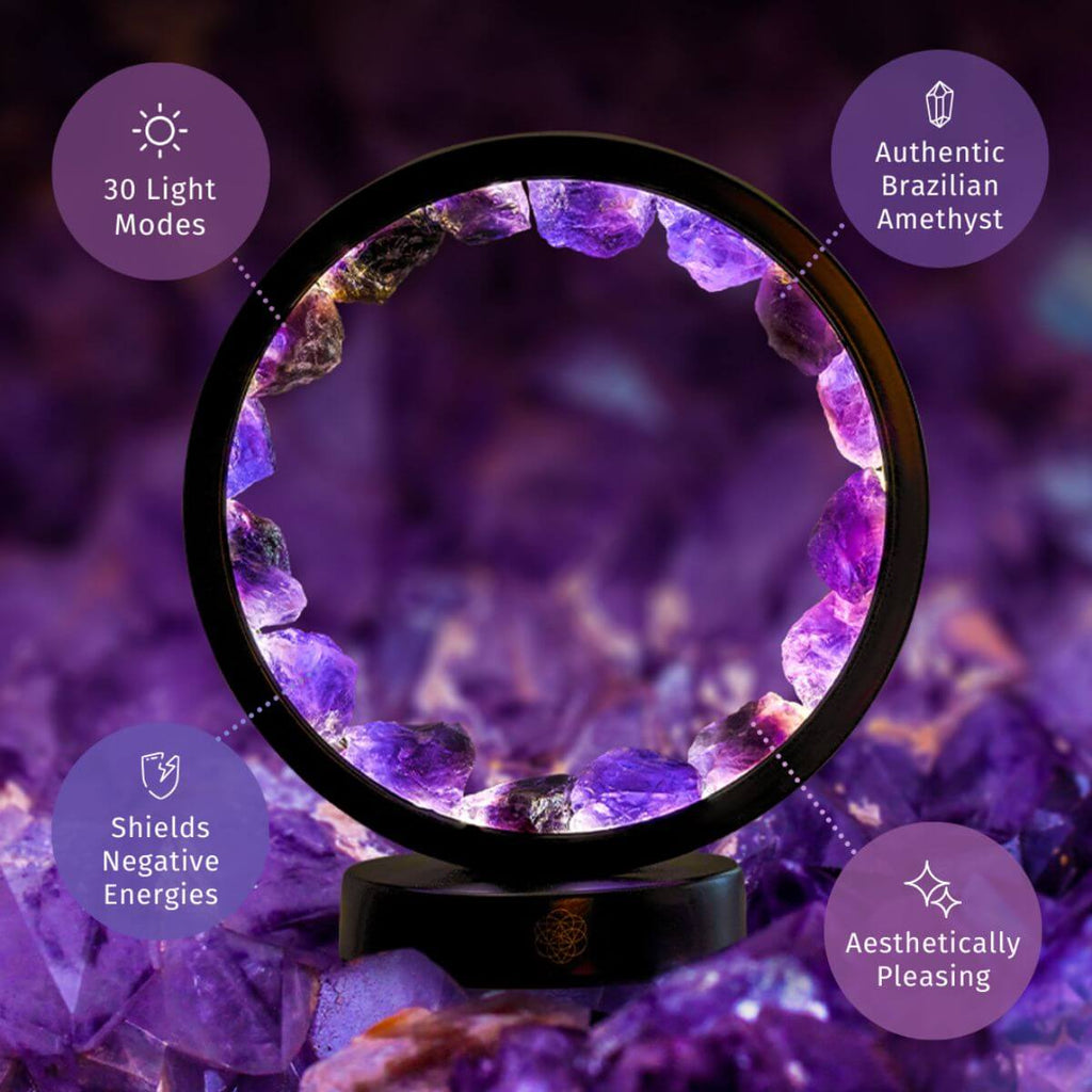 Picture of an Amethyst halo lamp  on a purple background with tags explaining the benefits of the lamp.