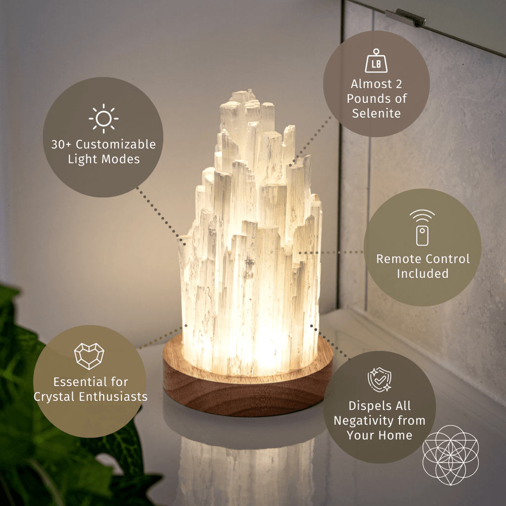 Picture of a Selenite Lamp with tags showing the features of the lamp.