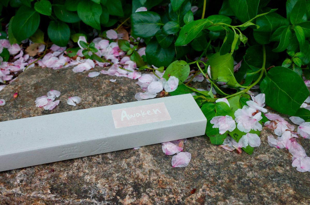 An Awaken incense box on the ground near ivy and cherry blossom petals.