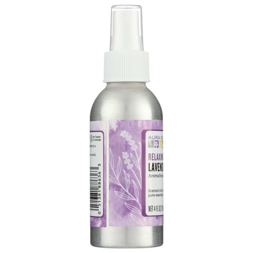 Silver spray bottle with lavender-themed label on a white background