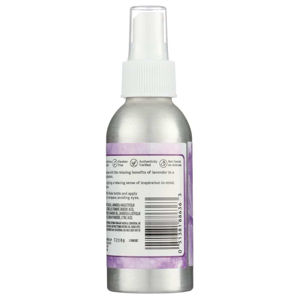Silver spray bottle with a purple label on a white background