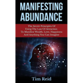 Book cover for 'Manifesting Abundance' by Tim Reid, featuring a black background with large light blue title text, a red subtitle band, and a glowing human head silhouette in blue, white, and red tones.