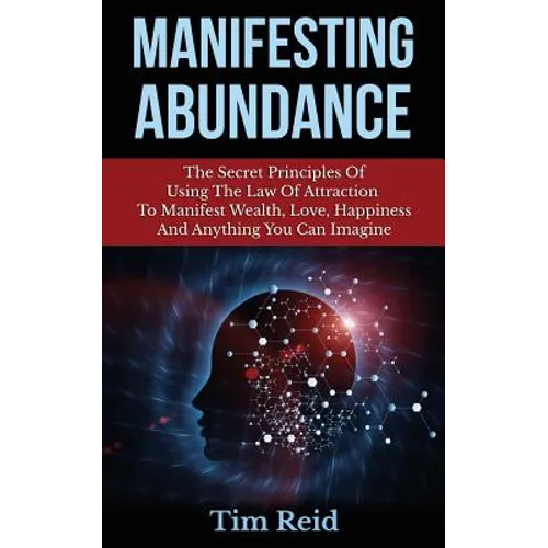 Book cover for 'Manifesting Abundance' by Tim Reid, featuring a black background with large light blue title text, a red subtitle band, and a glowing human head silhouette in blue, white, and red tones.
