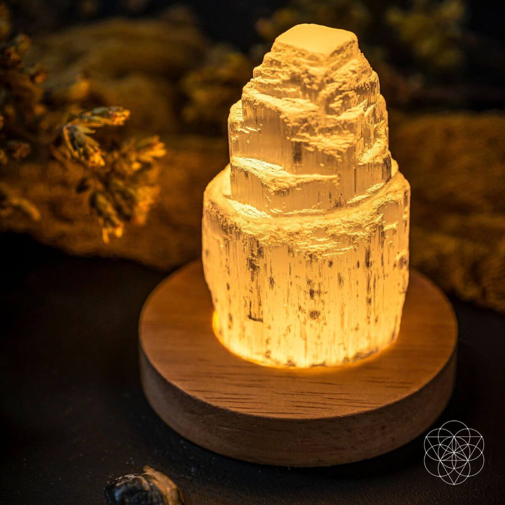 Decorative crystal lamp on a wooden base with a warm glow, surrounded by natural elements.