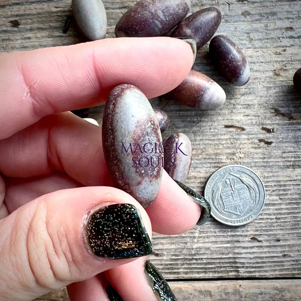 Hand holding a polished stone with 'Magick Soules' branding, next to a coin on a wooden surface.