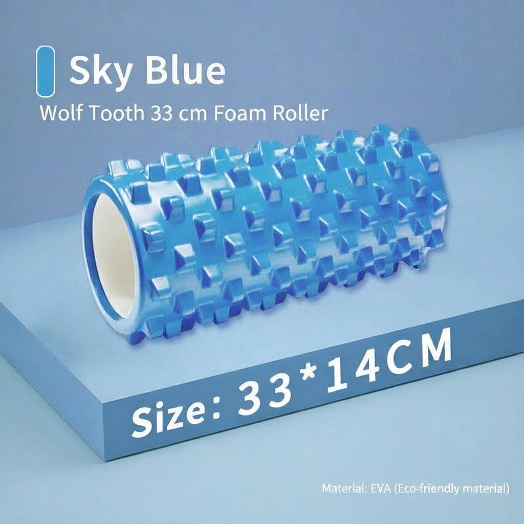 A blue foam roller with cross-textured nubs, labeled 'Sky Blue' and 'Wolf Tooth 33 cm Foam Roller,' shown on a light blue display platform with text indicating size 33*14CM and eco-friendly EVA material.