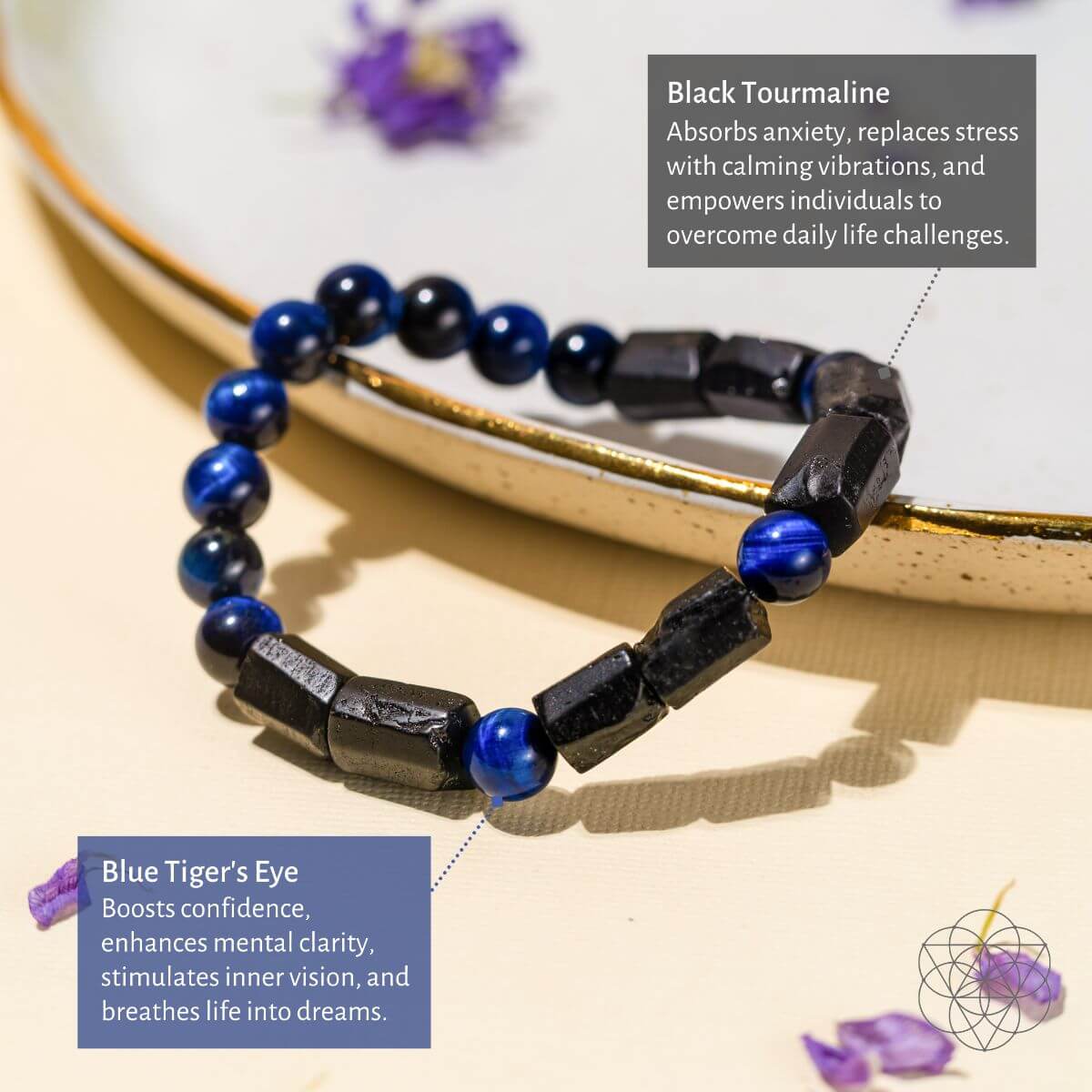 An Aura Protection Bracelet, crafted from Blue Tiger's Eye and Black Tourmaline, resting on the edge of a plate and 2 tags explaining the benefits of the bracelet.
