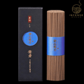 A bundle of incense sticks with a  blue label standing next to the incense box.