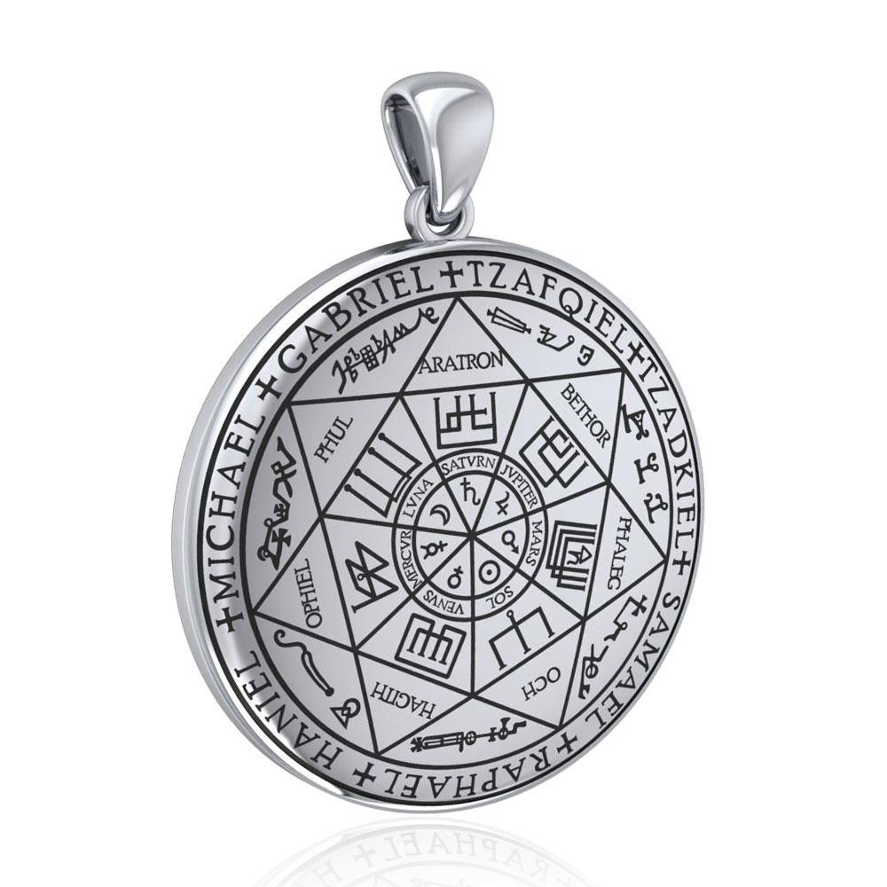 A slightly turned view of the Seven Archangels Sterling Silver Pendant on a white background.