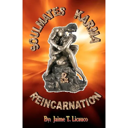 Book cover with a statue of two people embracing and text about soulmates, karma, and reincarnation.