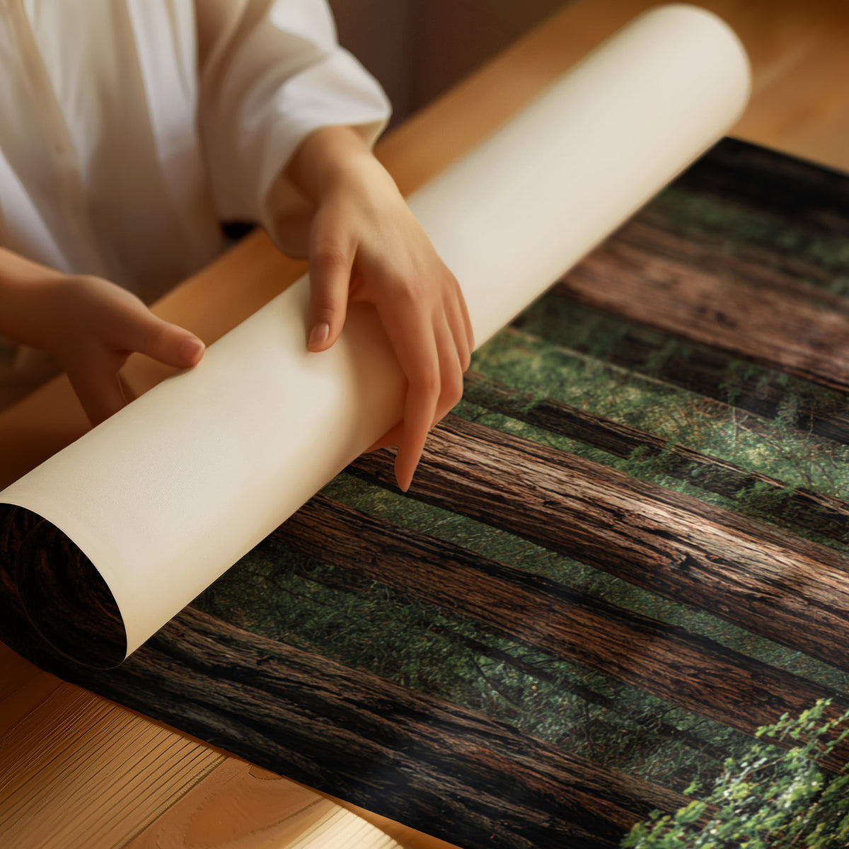 Person unrolling a large piece of paper on a wooden floor