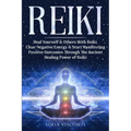 Book cover for 'REIKI' by Sofia Visconti, featuring a meditating figure with glowing chakras on a starry blue cosmic background.