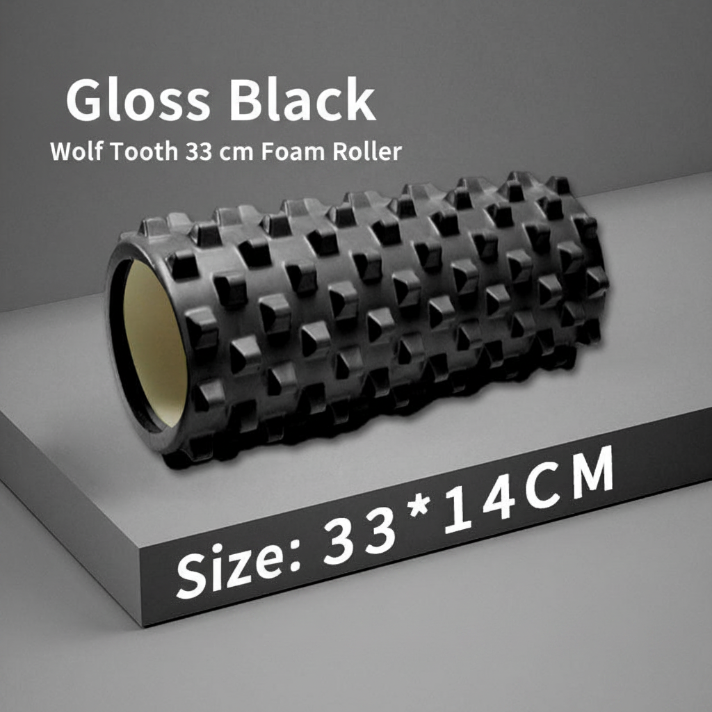 A black foam roller with a textured wolf-tooth pattern, shown on a gray platform with text overlays reading 'Gloss Black Wolf Tooth 33 cm Foam Roller' and 'Size: 33 * 14CM'.