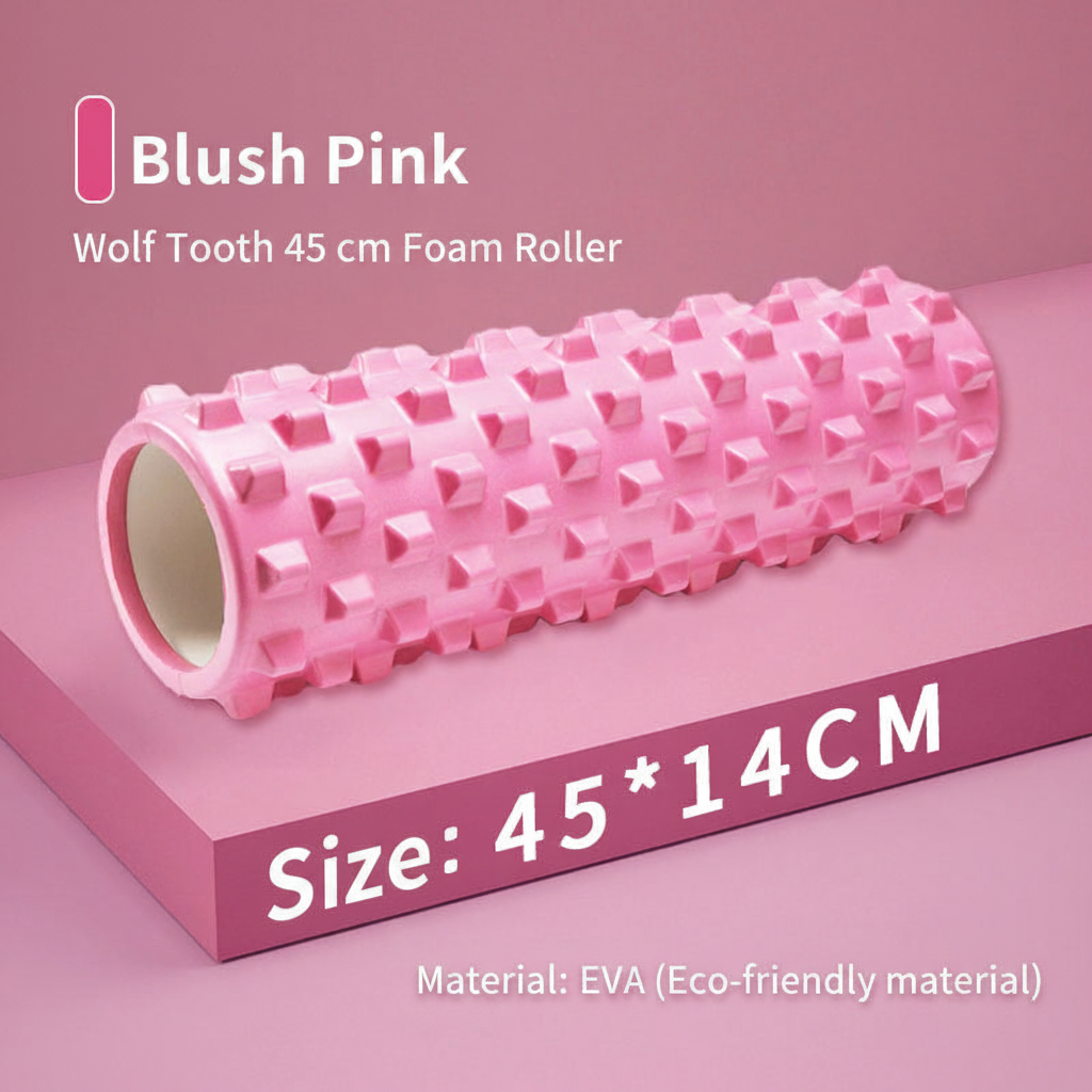 Pink textured foam roller labeled 'Blush Pink' and 'Wolf Tooth 45 cm Foam Roller,' shown on a pink background with size text 'Size: 45 * 14CM' and material text 'Material: EVA (Eco-friendly material)'.