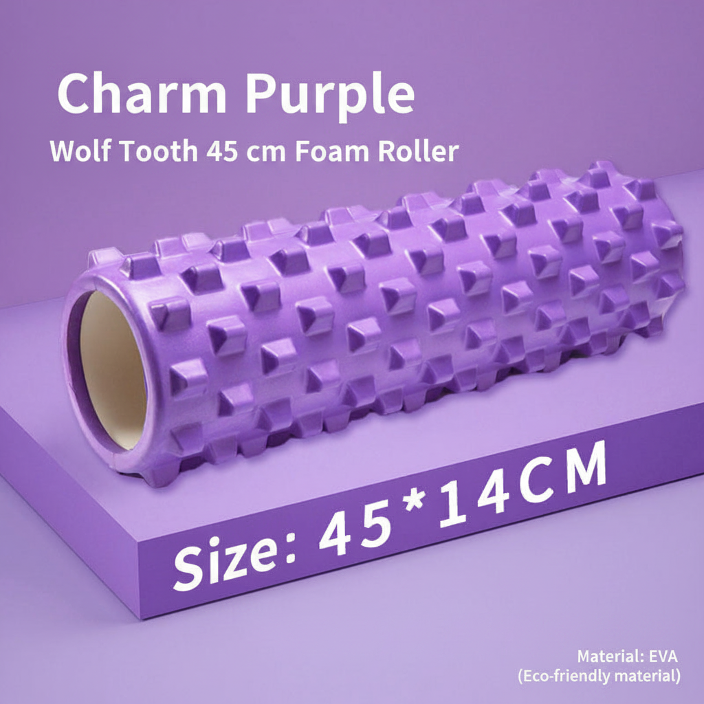 Purple foam roller with textured nubs labeled 'Charm Purple Wolf Tooth 45 cm Foam Roller' on a matching purple background, with size text 'Size: 45 * 14CM' and a small note about EVA material.