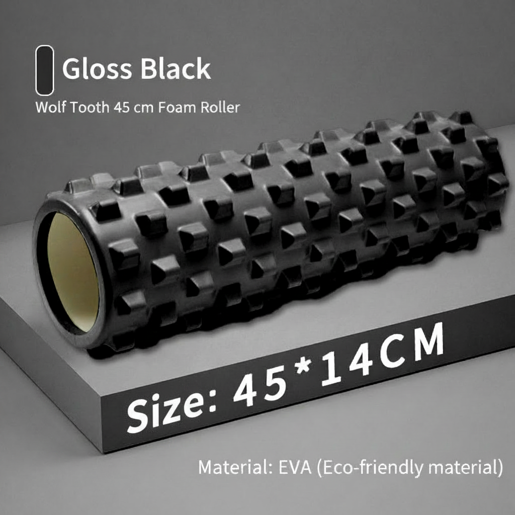 A black foam roller with a textured, raised-stud surface shown on a gray background. White text reads 'Gloss Black', 'Wolf Tooth 45 cm Foam Roller', 'Size: 45 * 14CM', and 'Material: EVA (Eco-friendly material)'.