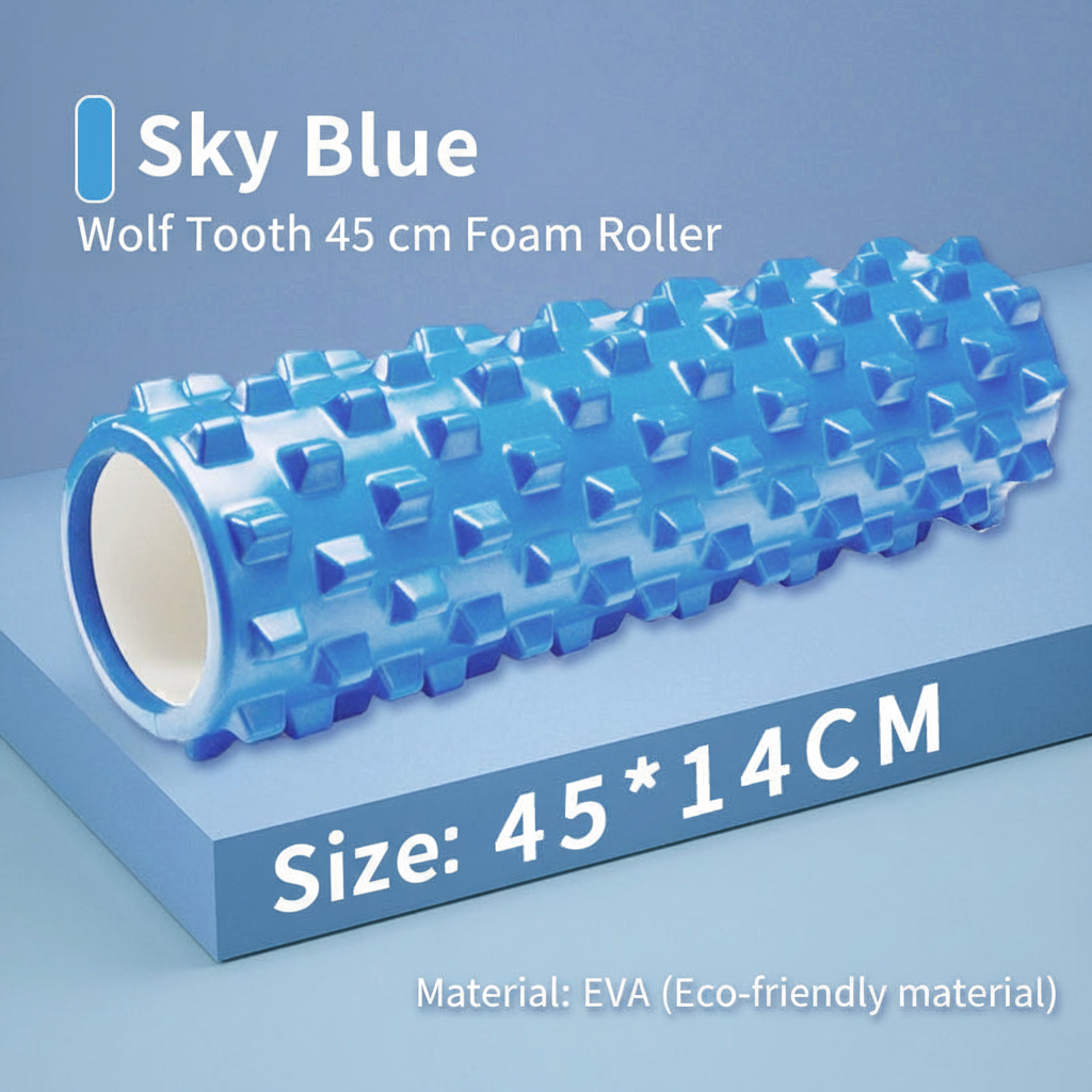 A blue foam roller with a textured 'wolf tooth' pattern, shown on a light blue background with text overlays describing it as a 'Sky Blue Wolf Tooth 45 cm Foam Roller' and noting its size as '45 * 14CM'.