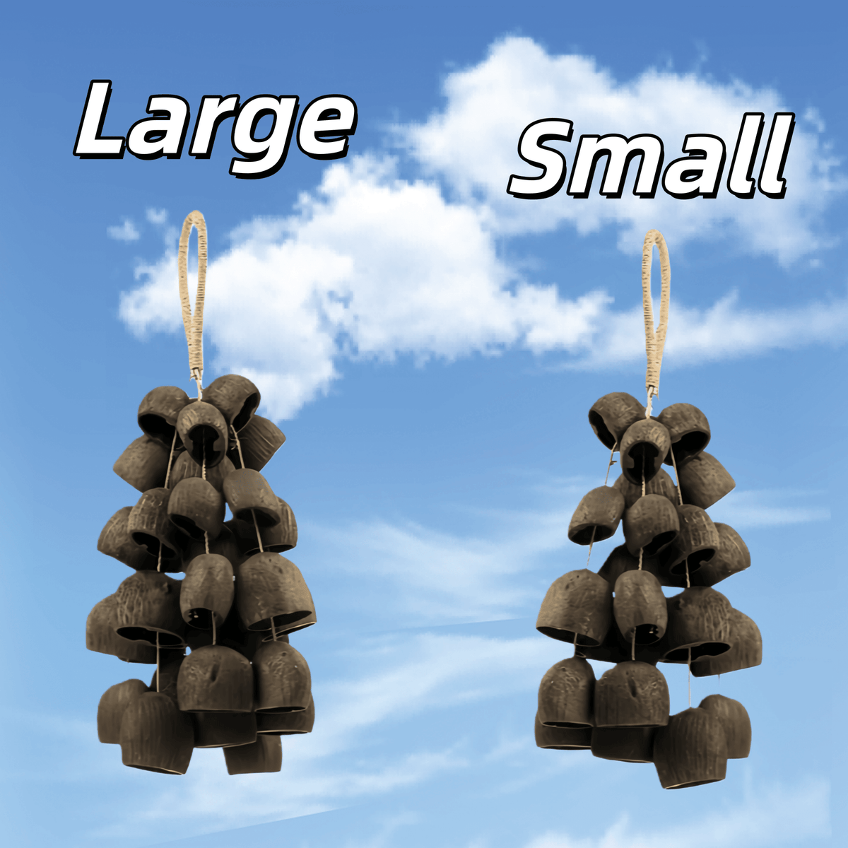 Two sets of hanging cowbells, one large and one small, against a blue sky background.