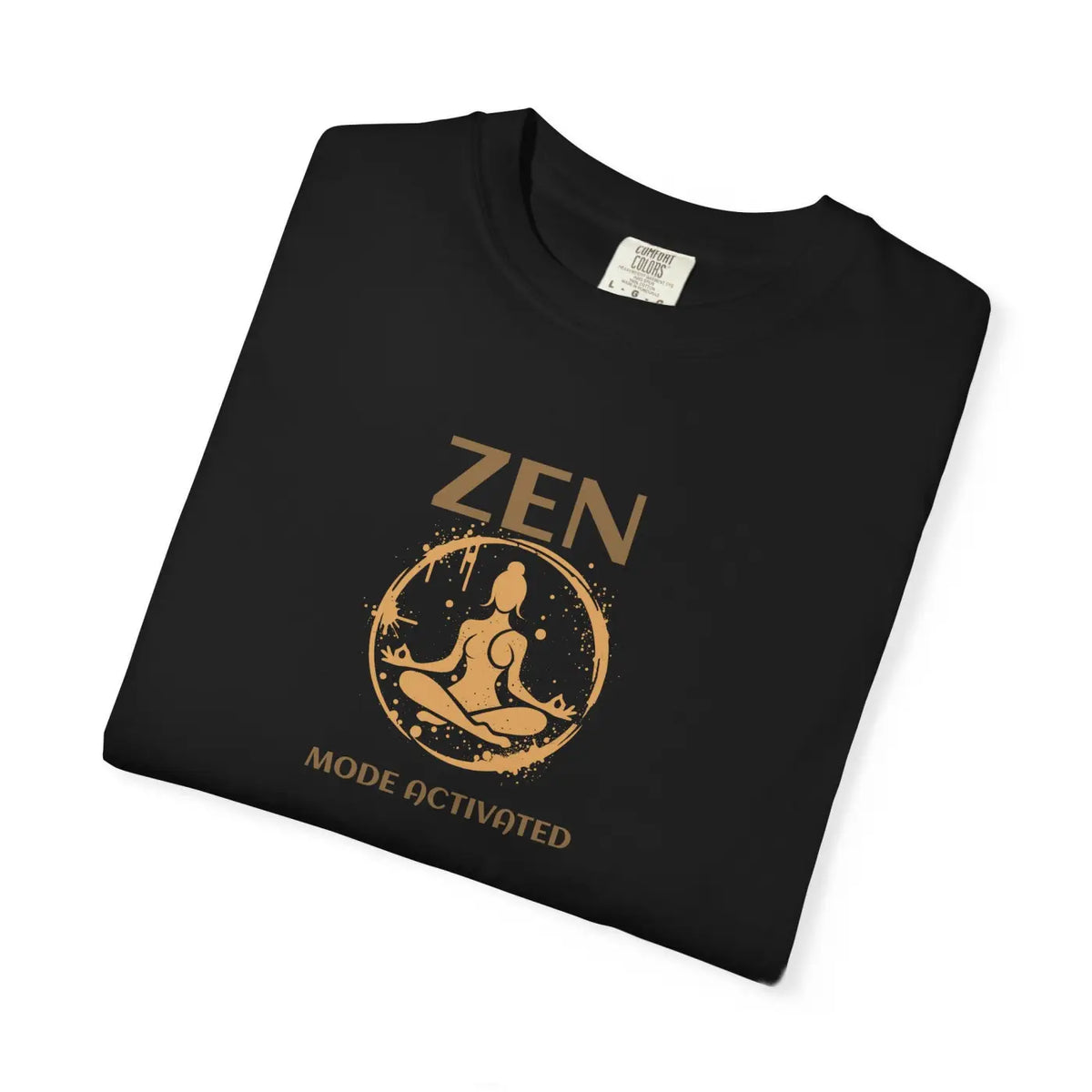Close-Up of a Black Zen mode Tee shirt with a meditation graphic on the chest