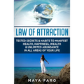 Book cover of 'Law of Attraction' by Maya Faro with a woman on a beach and Earth in the sky.