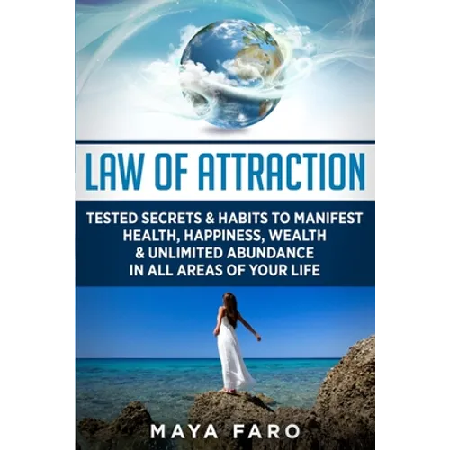 Book cover of 'Law of Attraction' by Maya Faro with a woman on a beach and Earth in the sky.